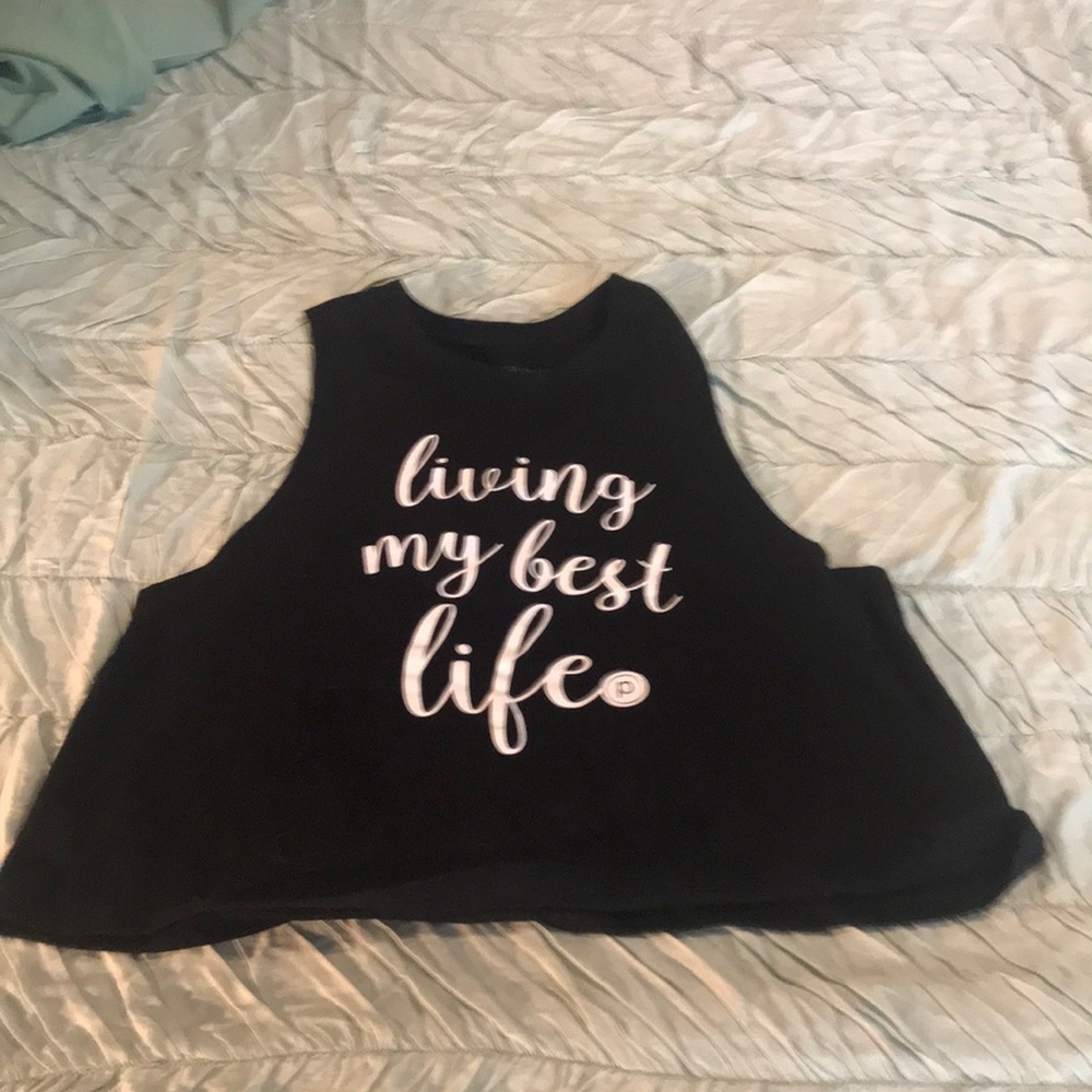 Pure Barre Black cropped t-shirt.